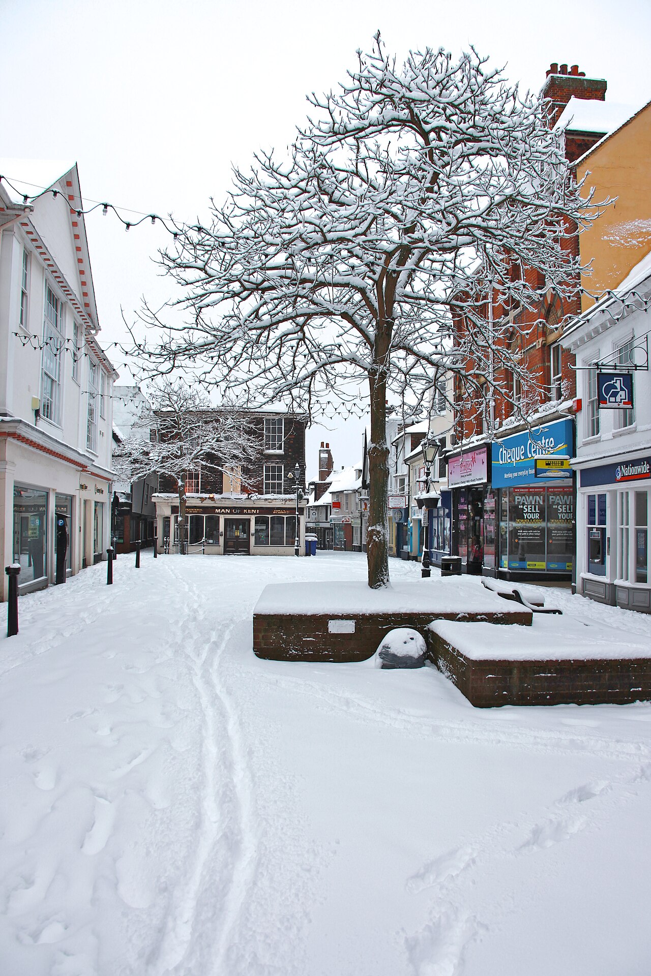 Ashford High Street in Kent with snow