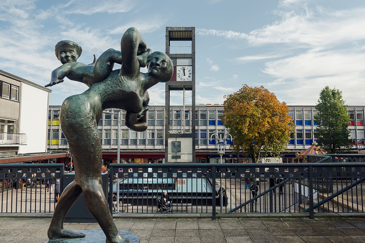 Joyride sculpture and clock tower in Stevenage town centre