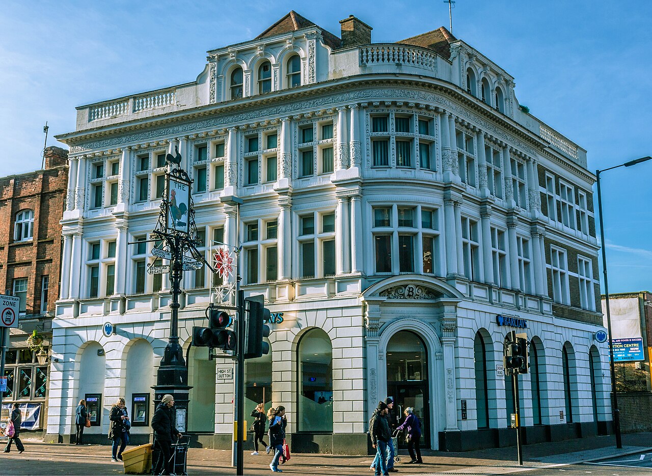 Historic bank building at the crossroads in Sutton town centre